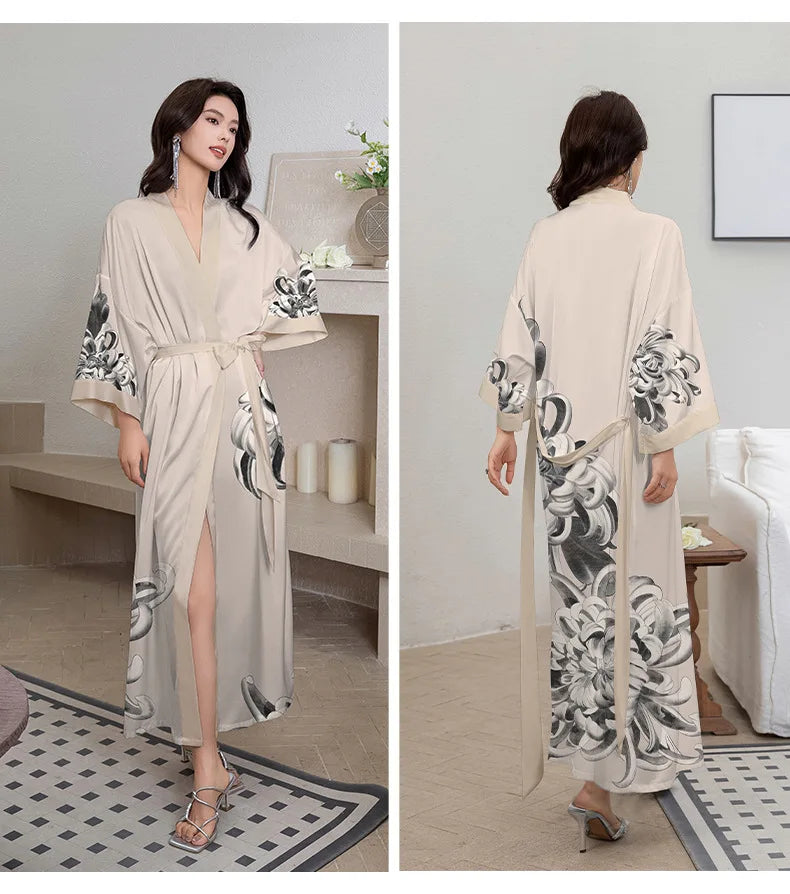 Maxy Japanese Style Half Sleeve Kimono Bathrobe Gown Female Long Robe Nightgown Sleepwear Loose Satin Print Flower Home Dressing Gown