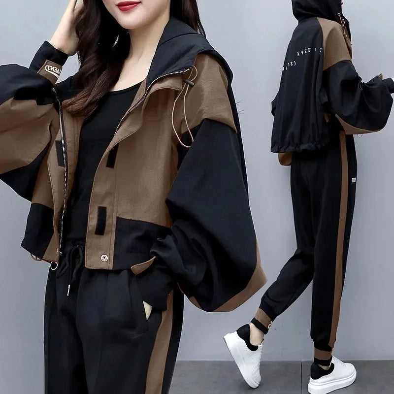 Maxy Spring Autumn Harem Pants Casual Two-piece Sets Women Hooded Patchwork Colour Short Top Suits Female Loose Thin 2-piece Sets