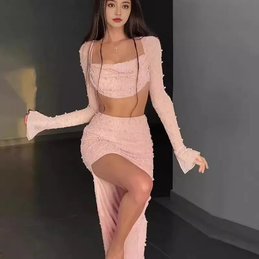 Maxy Luxury Y2k Bodycon Sexy Two-piece Set Skirt Sets Sequins Pearls Women Outfits Evening Party Gowns Chic Dresses Short Suits White
