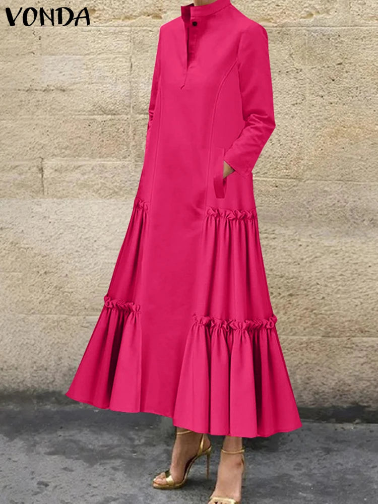 Maxy Plus Size VONDA Women Ruffled Maxi Long Dress Casual Solid Color A-Line Shirt Dress Stand Collar Long Sleeve Party Vestido
