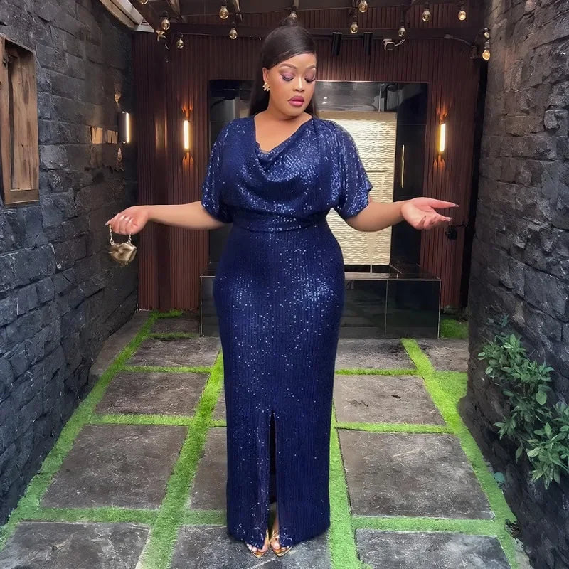 Maxy Plus Size L-3XL Fashion Evening Party Maxy Long Dresses African Glitter Large Size V Neck Women's Dress