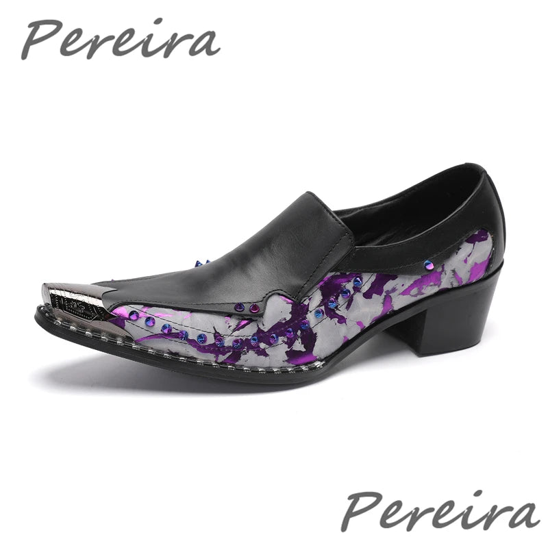 Maxy Colorful Rhinestone Yellow Purple Mixed Colors Leather Shoes for Men Metal Pointed Toe 4.5Cm Heel Loafers Business Dress Shoes