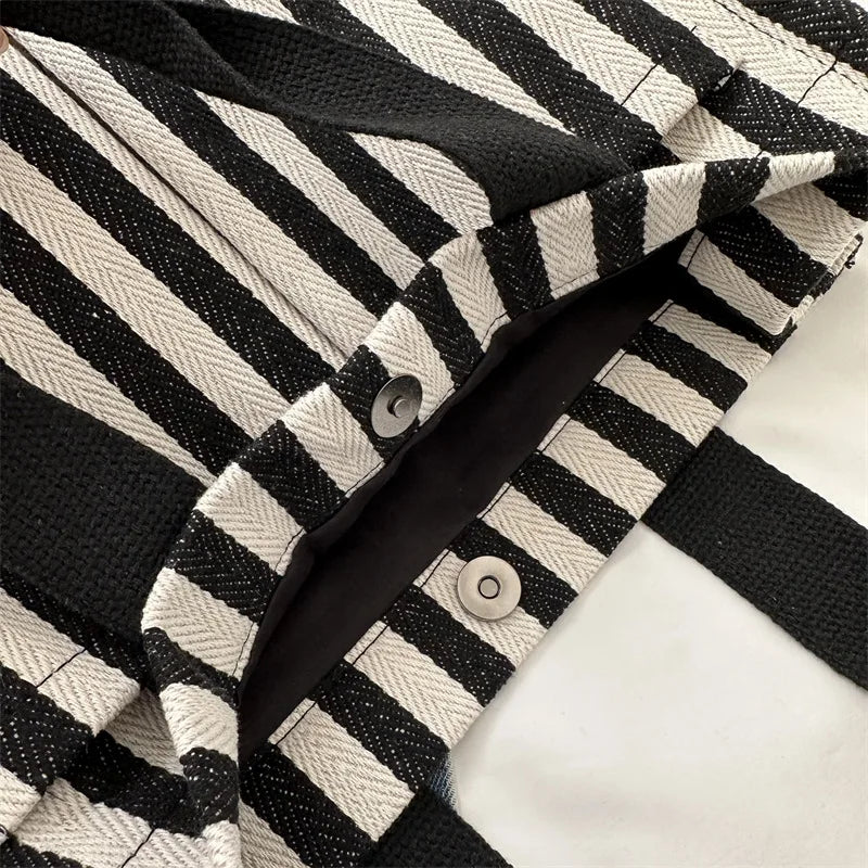 Maxy Cool Street Handbag, Large Capacity Women's Shoulder Bag, Trendy Striped Canvas Crossbody Bag, Fashion Travel Shopping Tote Bag
