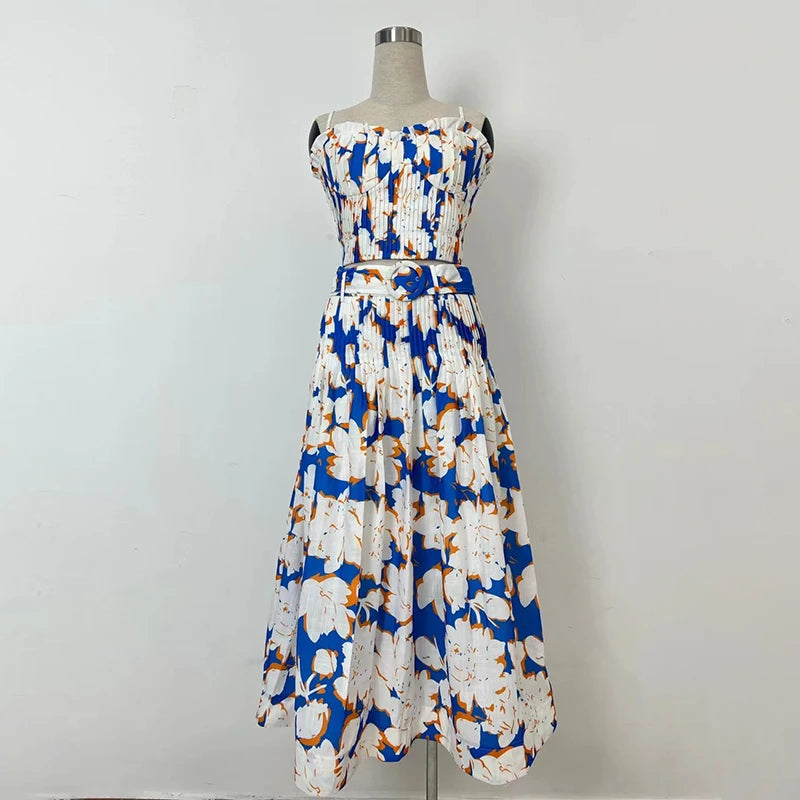 Amay Printing Elegant Two Piece Set For Women Strapless Sleeveless Mini Top High Waist Spliced Belt Skirt Slimming Sets Female