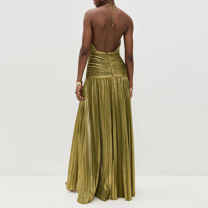 Maxy Gold Sexy Halter High Split Gowns Evening Dress Woman Chic Solid Hollow Pleated Long Dress Spring Summer Backless Zip Maxy Dress