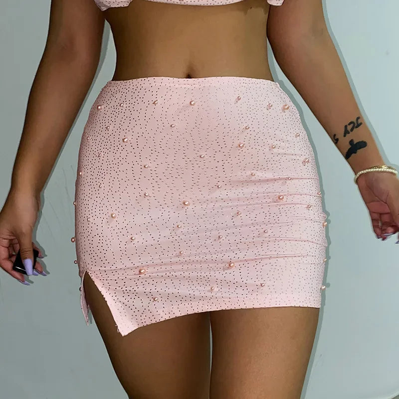 Maxy Luxury Y2k Bodycon Sexy Two-piece Set Skirt Sets Sequins Pearls Women Outfits Evening Party Gowns Chic Dresses Short Suits White