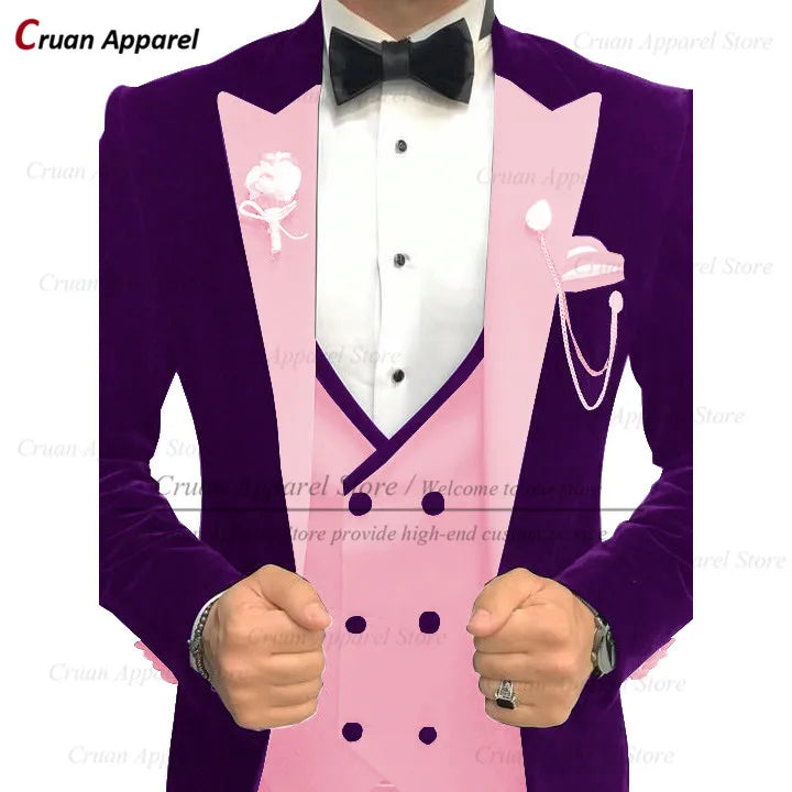 Maxy Luxury Velvet Men Suits Set Slim Fit Trendy Prom Wedding Groom Jacket with Double Breasted Vest Pants 3 Piece