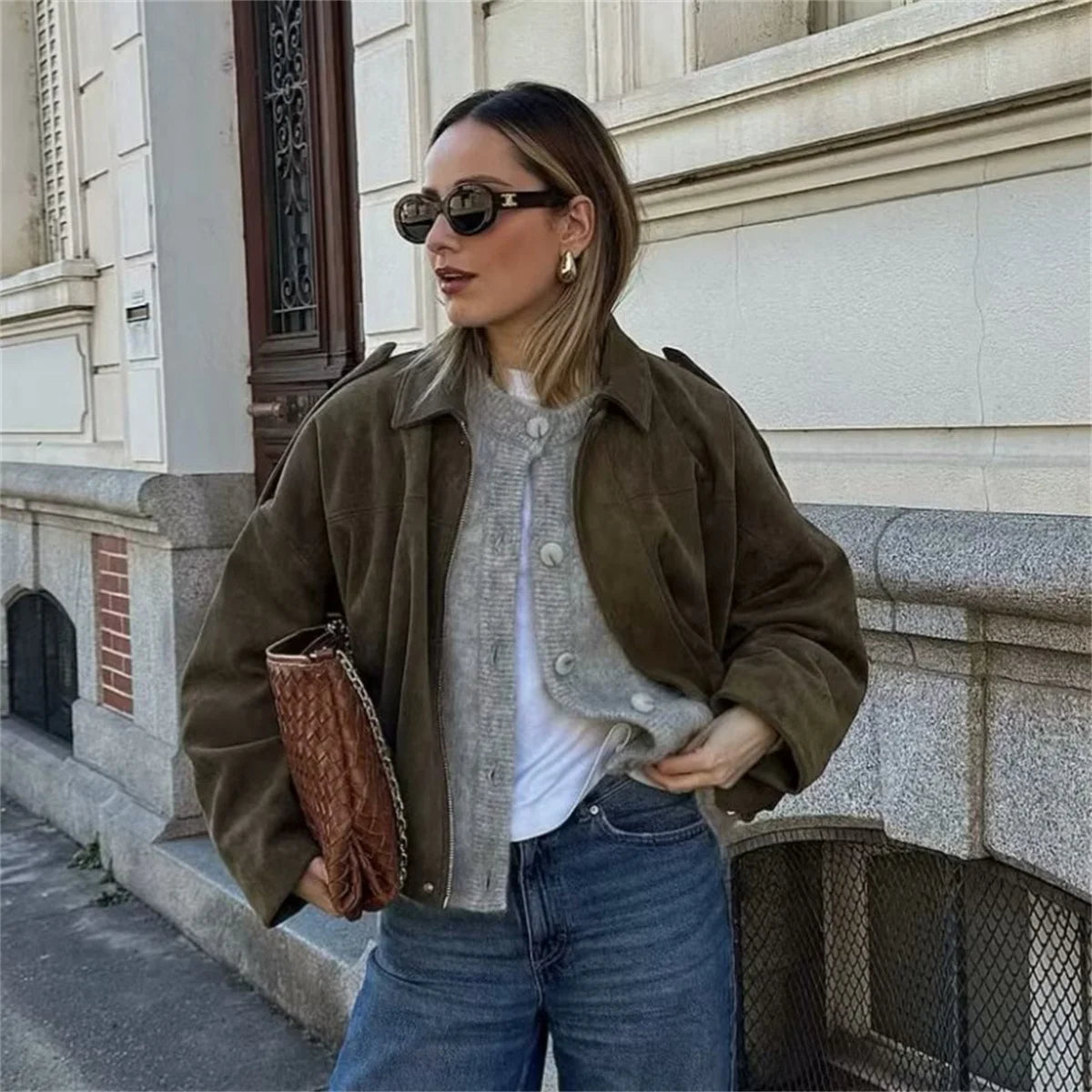 Maxy Women's Army Elegant Bomber Jackets Coats Fashion Turn-down Collar Long Sleeve Loose Coats Vintage Female Outerwear Chic Tops