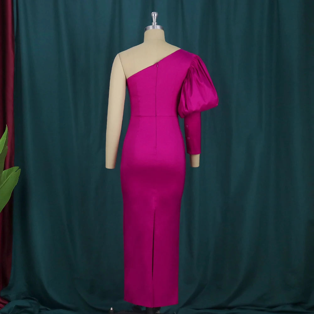 One Shoulder Party Dress for Women Fuchsia Irregular Bodycon Package Hip Evening Birthday Event Midi Gowns Outfits Large Size