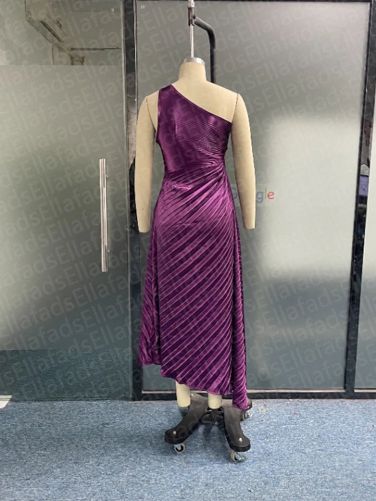 Maxy Purple Gowns For Women Elegant Off Shoulder Rushed Asymmetric Formal Celebrity Maxi Dress Evening Pageant Charming Clothing