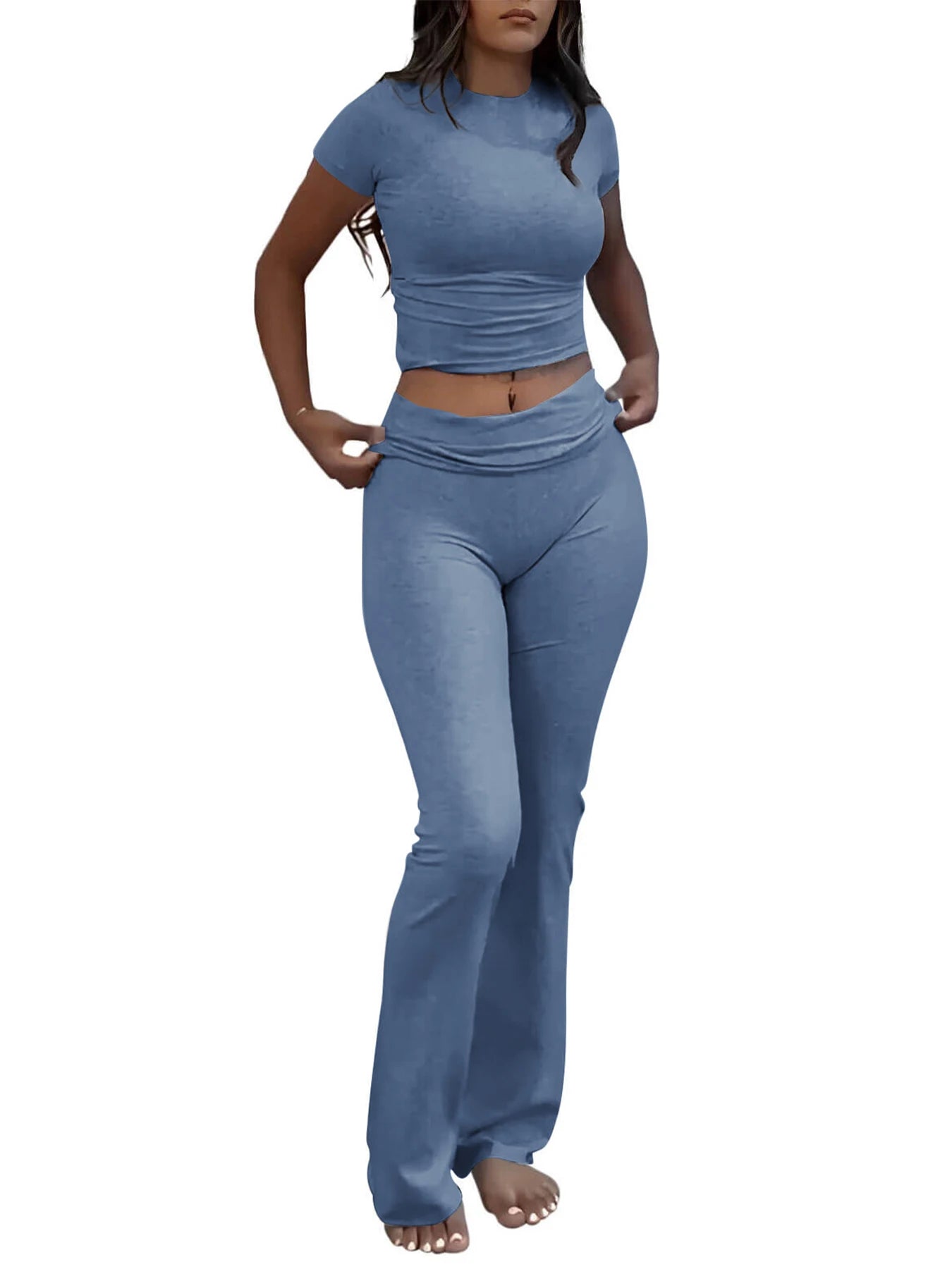 Maxy Casual Workout Two Piece Outfits for Women Short Sleeve Crop High Waist Foldover Flare Pants Tracksuit Sets Streetwear