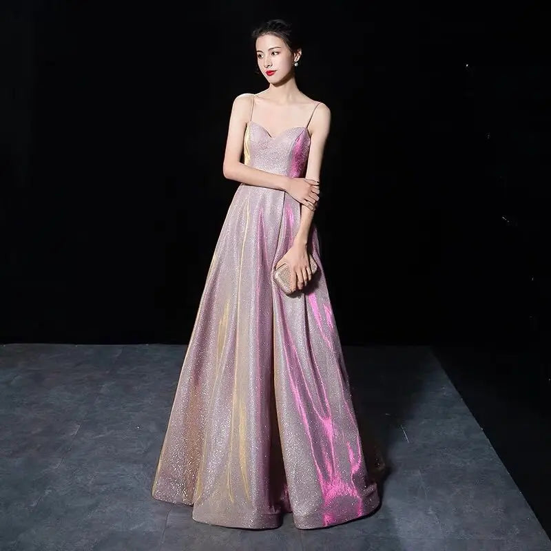 Maxy Elegant Glitter Banquet Dresses Women Fashion Spaghetti Straps Slimming Starry Sky Evening Party Dress Sexy Gown Prom Dress
