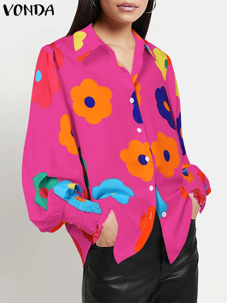 Maxy Plus Size 5XL Casual Floral Printing Loose Tops Women Shirts Lapel Collar Blouses Top Lantern Long Sleeve Tunic