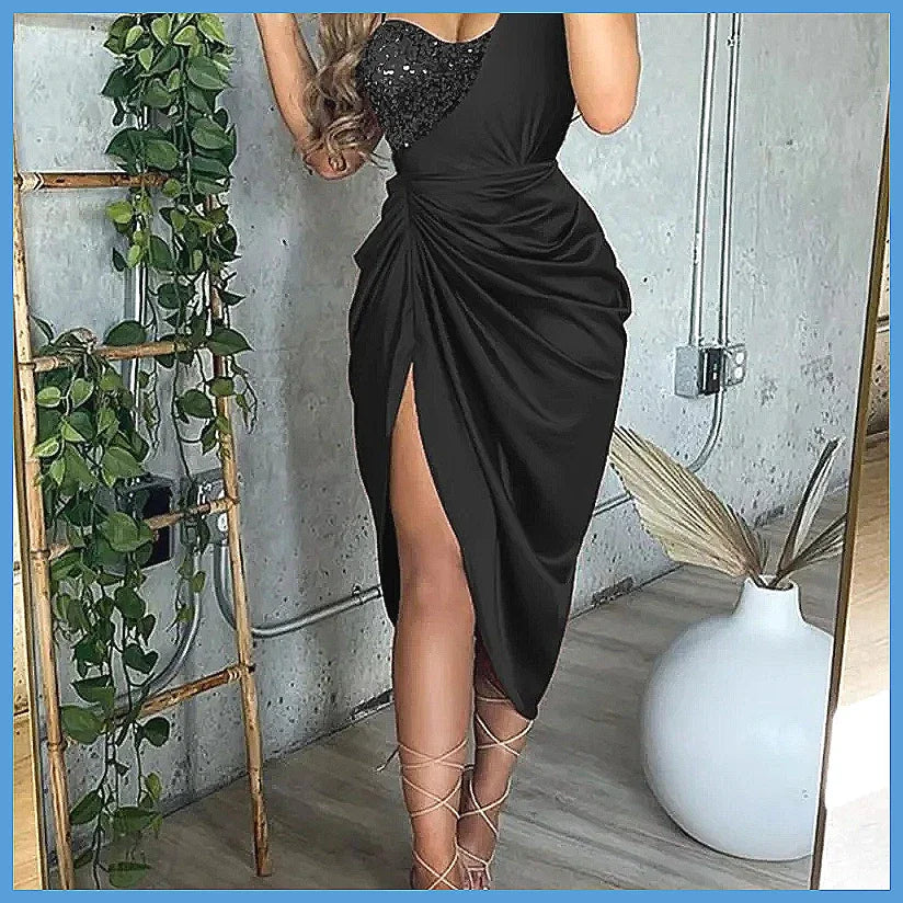 Sequin One Shoulder Slit Long Dress for Women, Elegant Smocked Party Dress, Summer Evening Gown (Characters: 78)