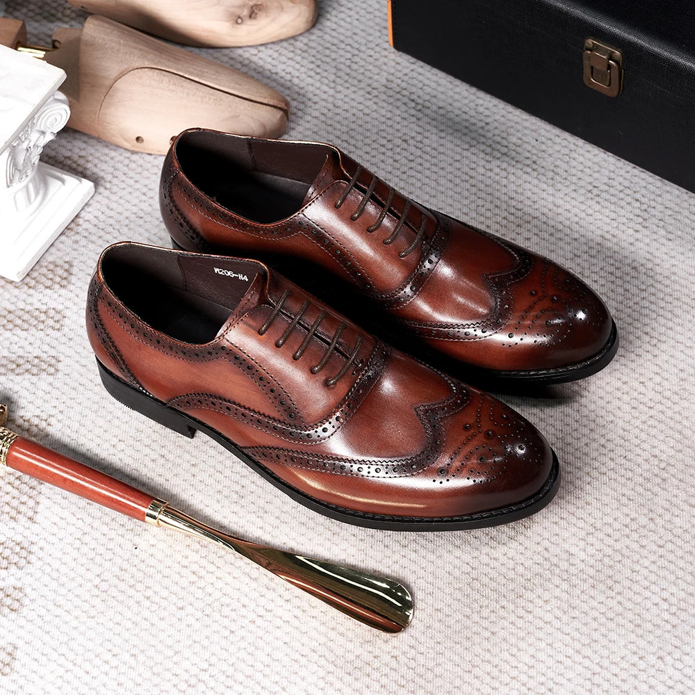 Maxy Brogue Style Men's Oxfords Genuine Leather Classic Wingtip Wedding Party Dress Shoes for Men Lace-Up Office Suit Formal Footwear