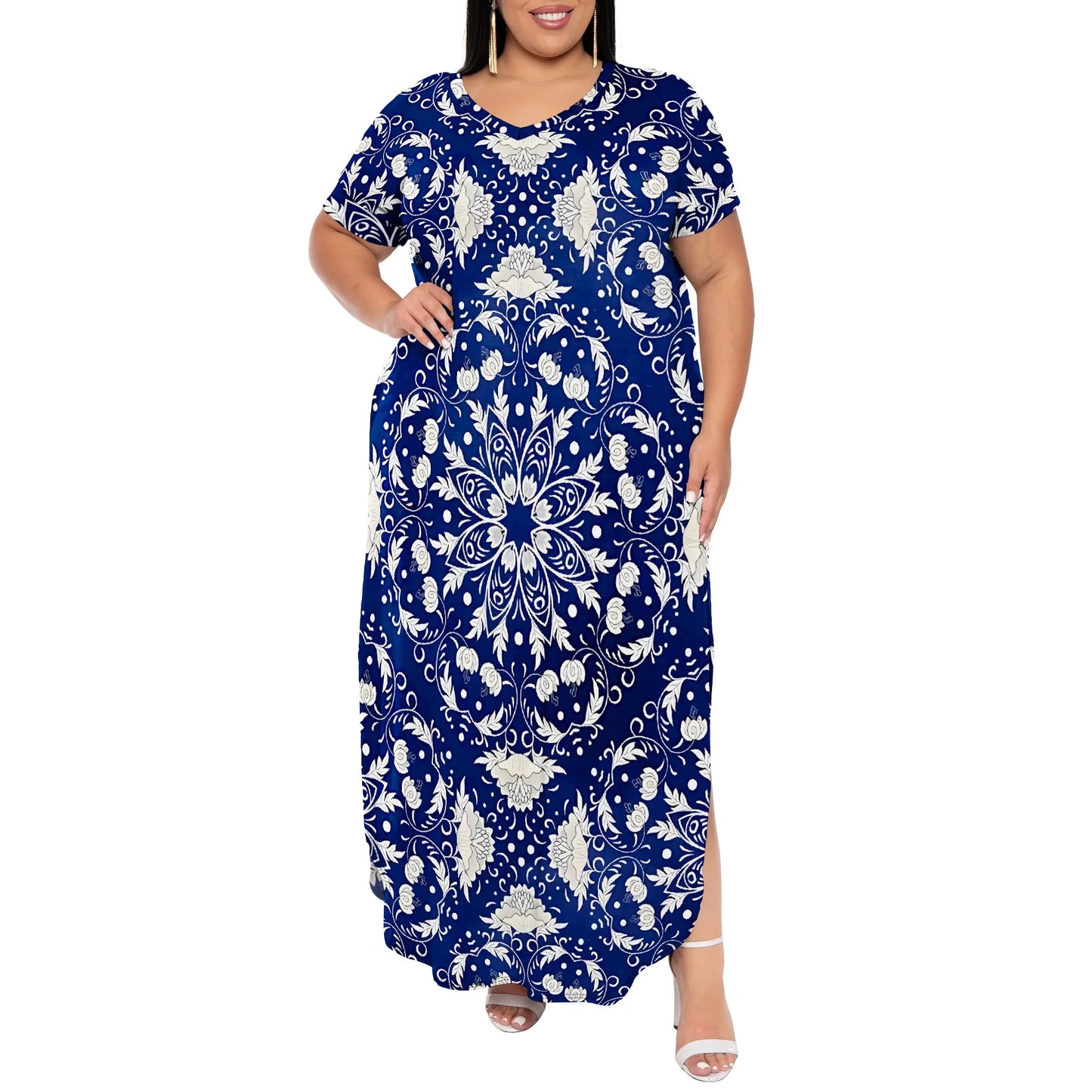 Maxy Plus Size V-Neck Short Sleeve Dress Navy White Stripe Scroll Print Elegant Summer Wear