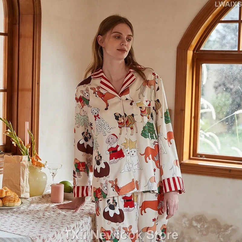 Max [Christmas Dog] Women imitation silk pajama set, autumn winter plush long-sleeved pants, flip collar, soft home clothing