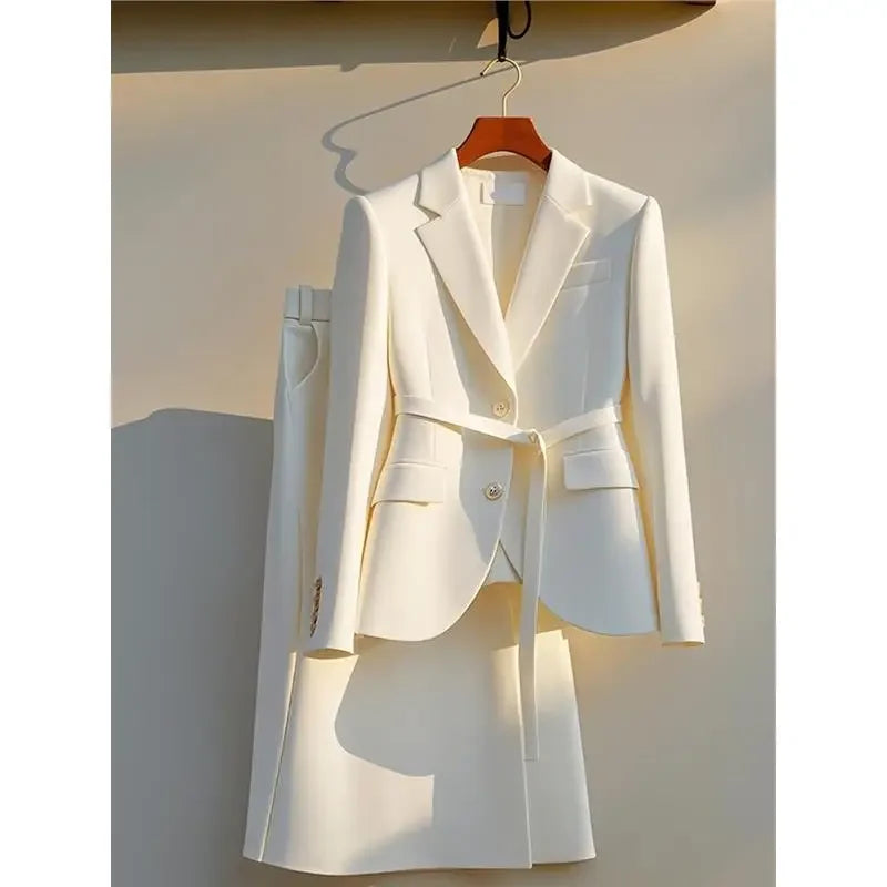 Maxy Korean Female Lead Early Autumn High-end White Suit Jacket Half Skirt Professional Two-piece Set Clothing