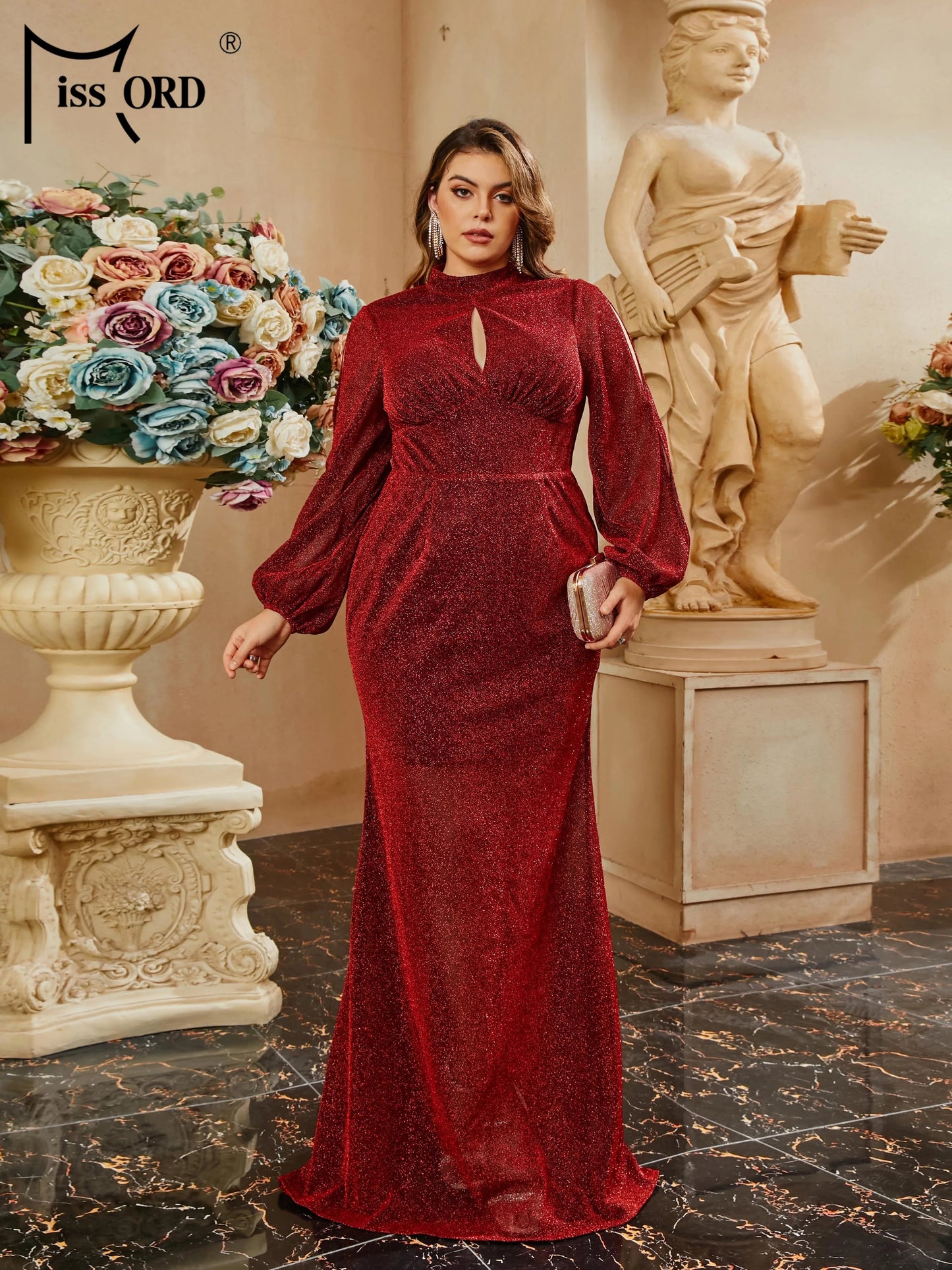 Maxy Plus Size Round Neck Cutout Burgundy Mermaid Prom Party Evening Dress