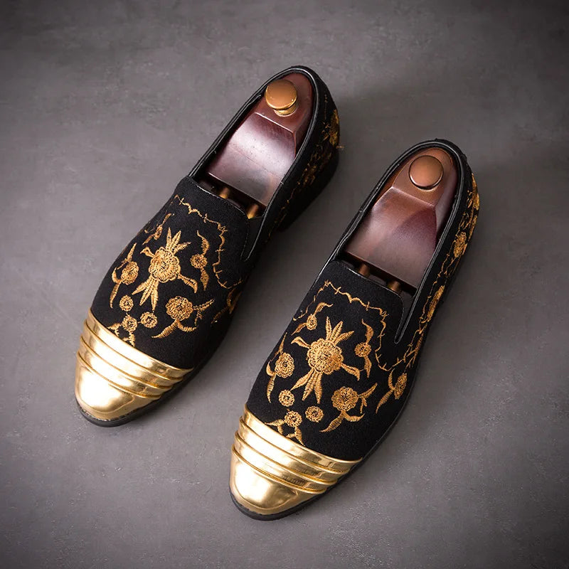 Amay New Fashion Gold Top and Metal Toe Men Velvet Dress shoes italian mens dress shoes Handmade Loafers Party Flats Zapatos