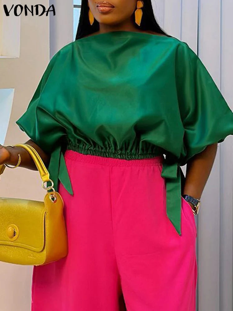 Amay Plus Size Satin Silk Top Women Blouses Casual Long Lantern Sleeve Oversized Solid Color Blusas VONDA 2024 Bohemian O-Neck Tunic