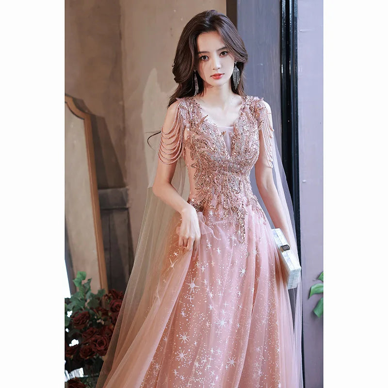 Maxy Summer Women's New Super Immortal Beaded Glitter Celebrity Long Style Banquet Evening Dress Fashion Art Exam Host Dress