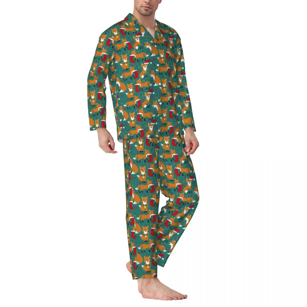 Maxy Cute Fox Print Pajama Sets Funny Christmas Kawaii Sleepwear Man Long Sleeve Loose Leisure 2 Pieces Nightwear Big Size XL 2XL