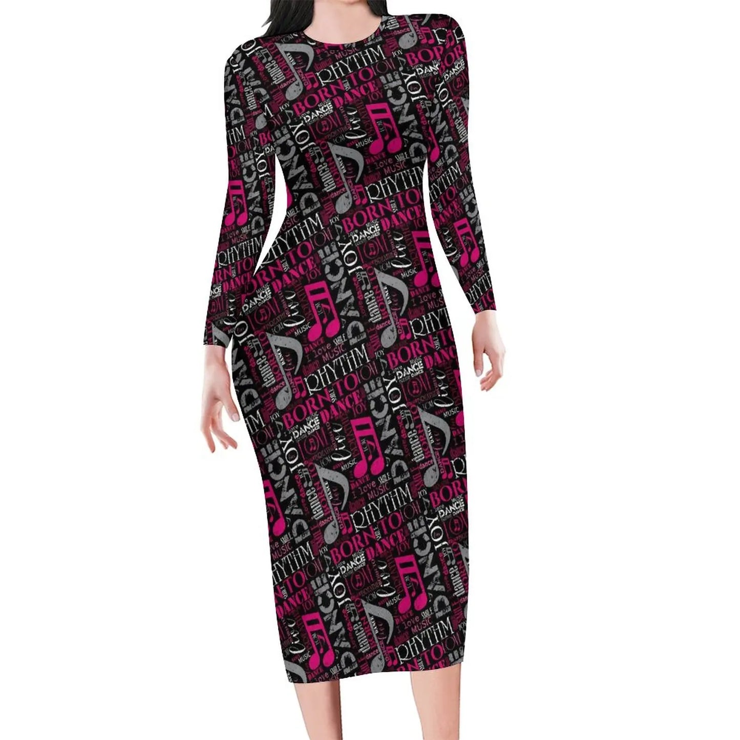 Amay Rainbow Music Notes Dress Long Sleeve Retro Print Kawaii Dresses Autumn Ladies Aesthetic Custom Bodycon Dress 3XL 4XL 5XL