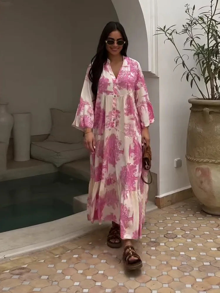 Maxy Plus Size Floral Print Dress V-Neck Button Front Flared Sleeve Summer Beach Vacation Boho Long Dresses Outfit For Woman