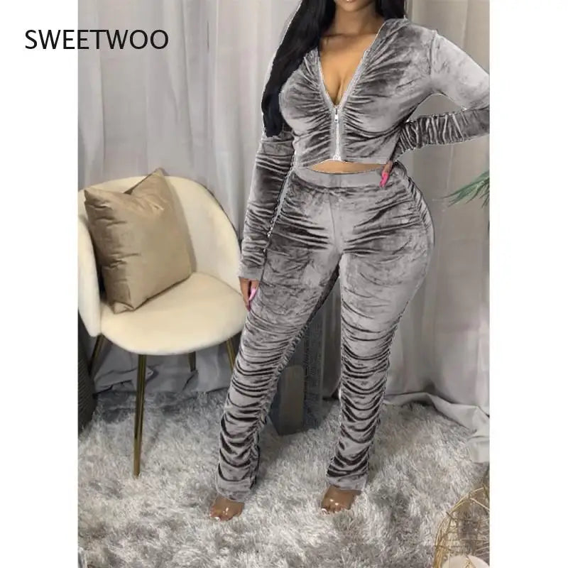 Maxy Autumn Winter Velvet Tracksuit Two Piece Set for Women Matching Sets Ruched Hoodies Jacket Stacked Pants Joggers Sweat Suits
