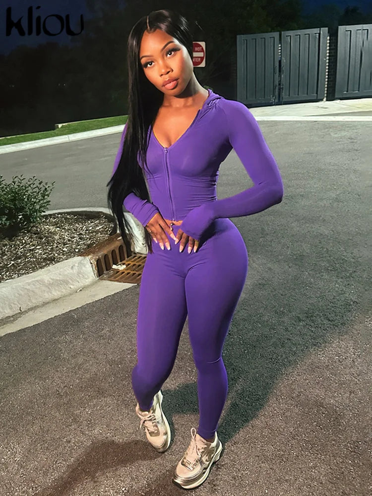 Maxy Casual Women 2 Piece Set Classic Tracksuits Solid Long Sleeve Zip-up Hood Tops+Slim Elastic Pants Sporty Concise Outfits