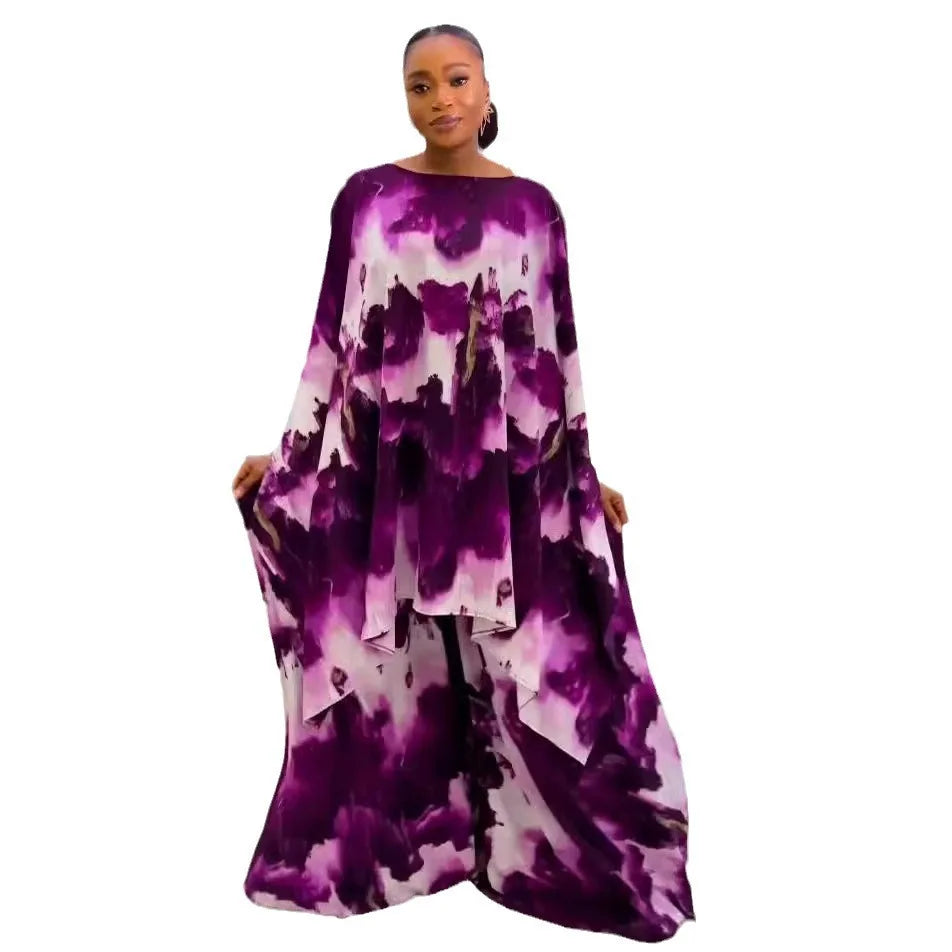 Maxy Two Piece Set Chiffon Africa Clothes For Women African Dashiki Fashion Suit Printed Loose Shawl Top And Wide Leg Pants Suits