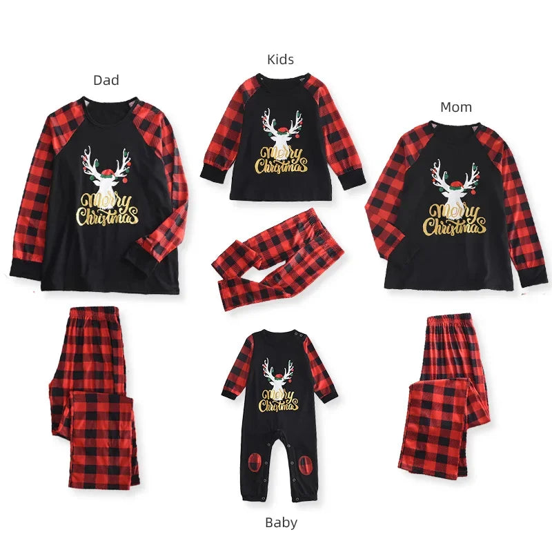 Maxy Bear Leader Christmas Father Mother Kids Clothes Top+Pants Family Matching Outfit Lattice Xmas Sleepwear Pj's Set Baby Romper