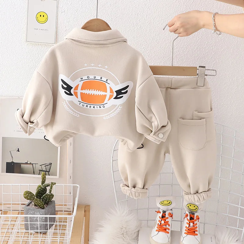 Toddler Outfits Autumn Winther Clothes for Kids Casual Flip Collar Plush Velvet Long Sleeve Coats and Pants Two Piece Boys' Set