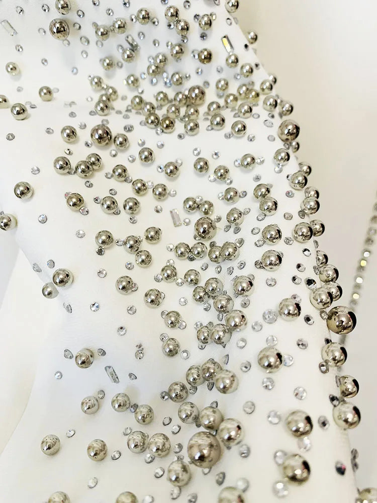 Amay HIGH STREET Newest Designer Suit Set Women's Stunning Diamonds Metal Ball Beaded Slit Pants Suit 2pcs