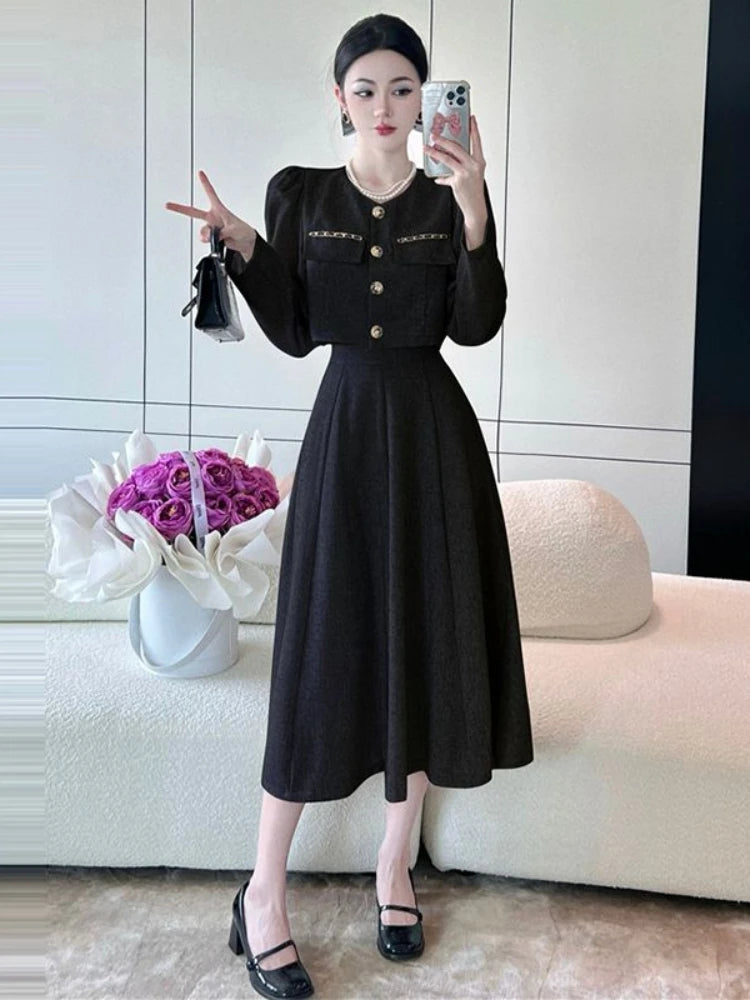 Maxy Korean Fashion Long Dress Set Women Vintage Elegant Office Lady Chic Skirt Sets Female Spring Casual Slim Evening Party Sets