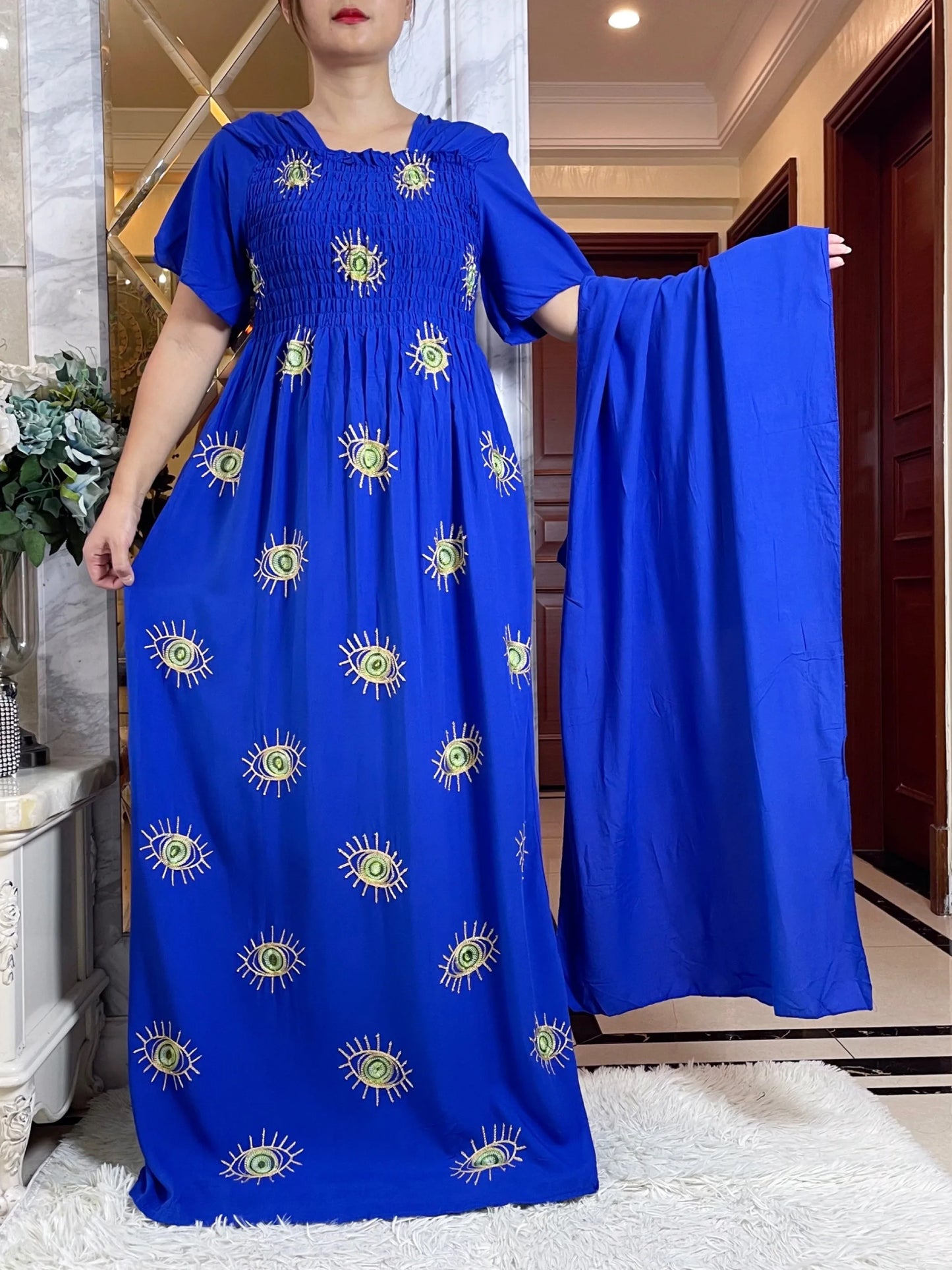 Maxy Summer Fashion Casual Dress Collect Waist Embroider Short Sleeve Loose Woman Maxy Islam African Women Abaya Clothes