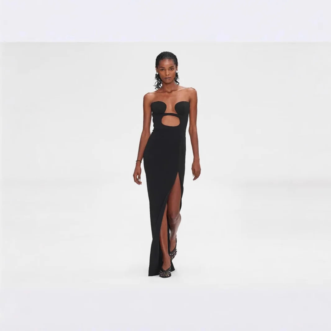 Maxy New Summer Black Strapless Long Split Bandage Dress Sexy Elegant Women's Night Club Celebrity Evening Party Bodycon Dreess