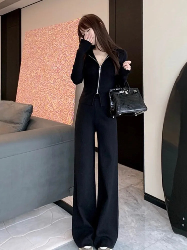 Women Knitted Tracksuits Autumn Winter Hooded Long Sleeve Short Jacket High Waist Wide Leg Pants Two Piece Set Fashion Outfits