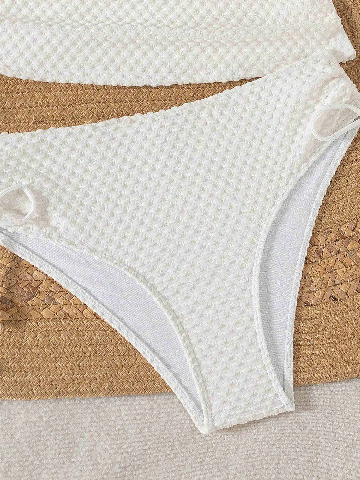 Maxy Women White Knitted Jacquard Beaded Drawstring Halter Neck Bikini Set