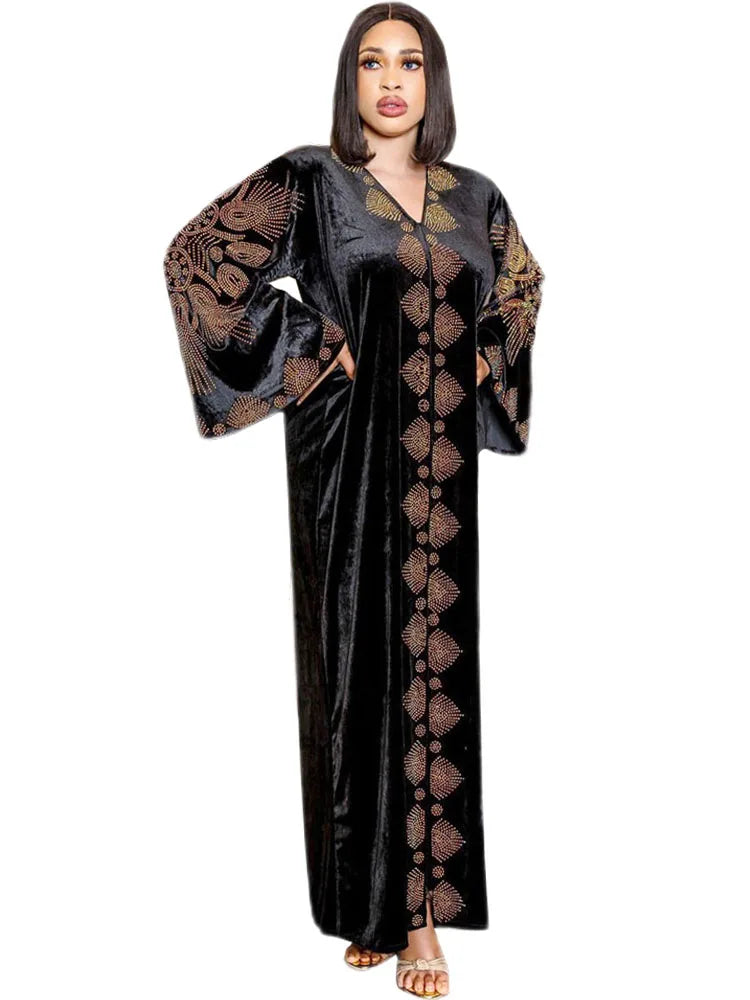 Nigeria Diamonds Velvet African Dresses For Women Evening Party Gown African Dashiki Moroccan Kaftan Abaya Afircan Clothing Gown