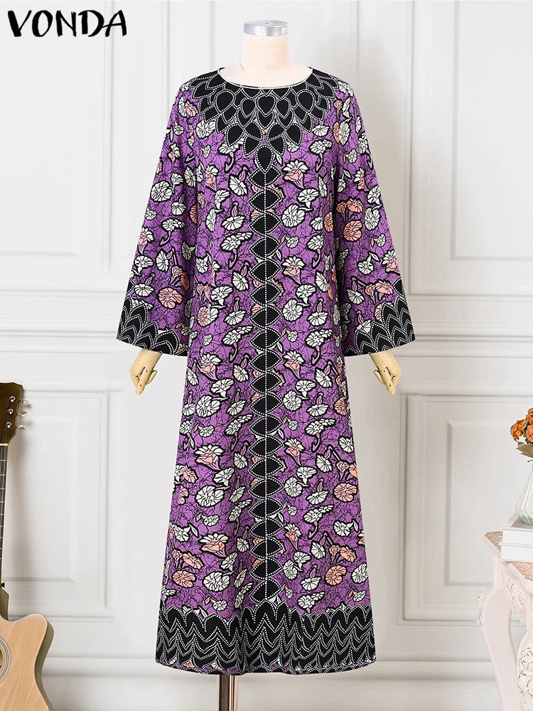 Maxy Elegant Dress Women Bohemian Printing Sundress Vintage Flare Long Sleeve Maxy Oversized O-Neck Robe Femme