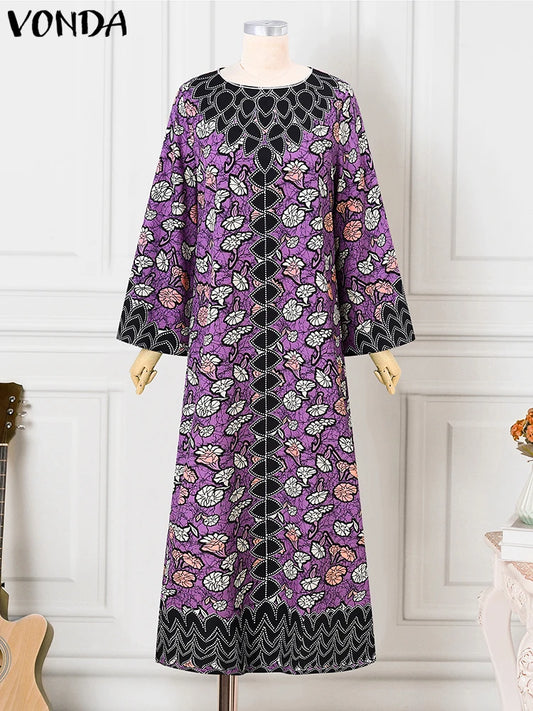 Maxy Elegant Dress Women Bohemian Printing Sundress Vintage Flare Long Sleeve Maxy Oversized O-Neck Robe Femme