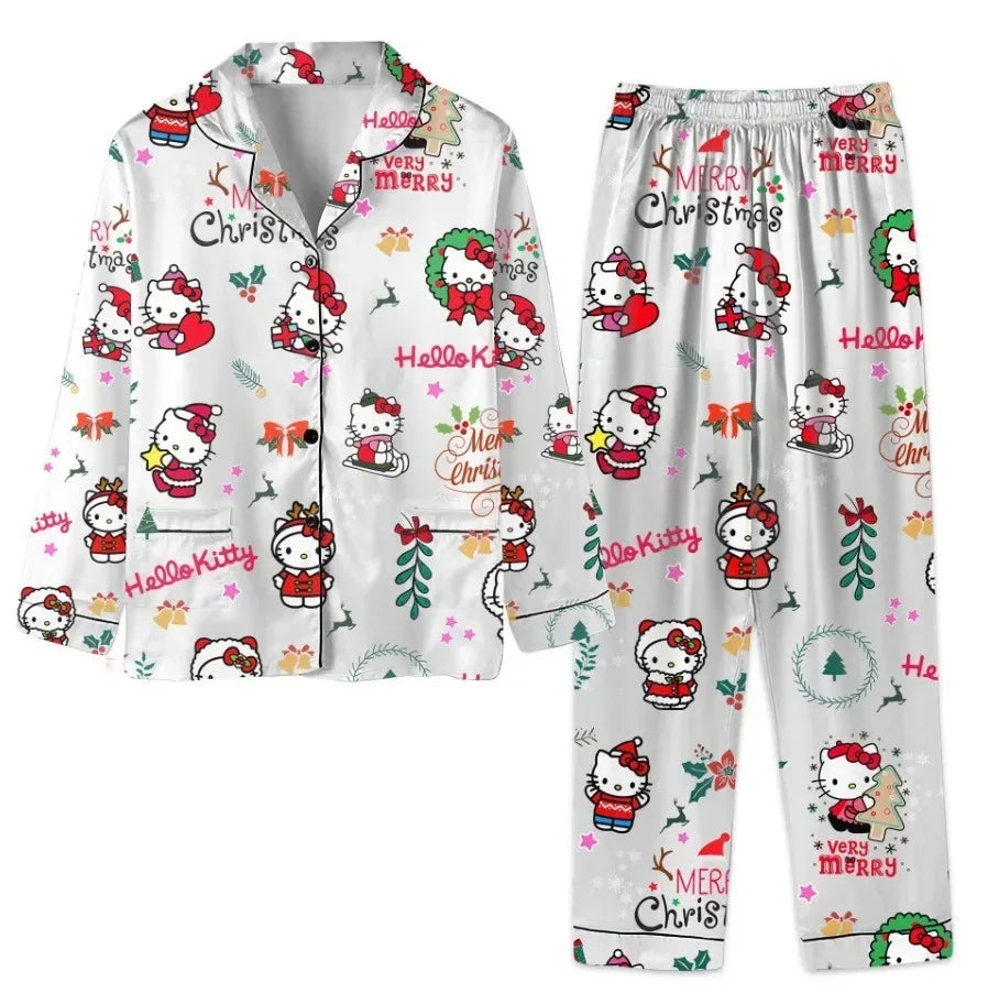 Sanrio Christmas Hello Kitty Casual Pajama Girls Y2k Home Pajamas Set Kawaii Women'S Printed Kt Cat Pants Long Sleeve Gift