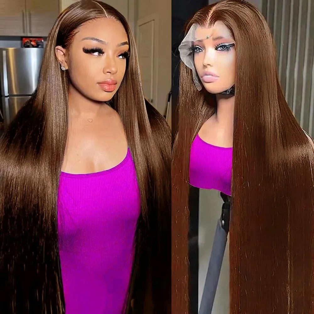 #4 Chocolate Brown Colored Straight Lace Front Wig 200 Density 13x4 13x6 HD Transparent Full Lace Frontal Human Hair Wig 46 Inch