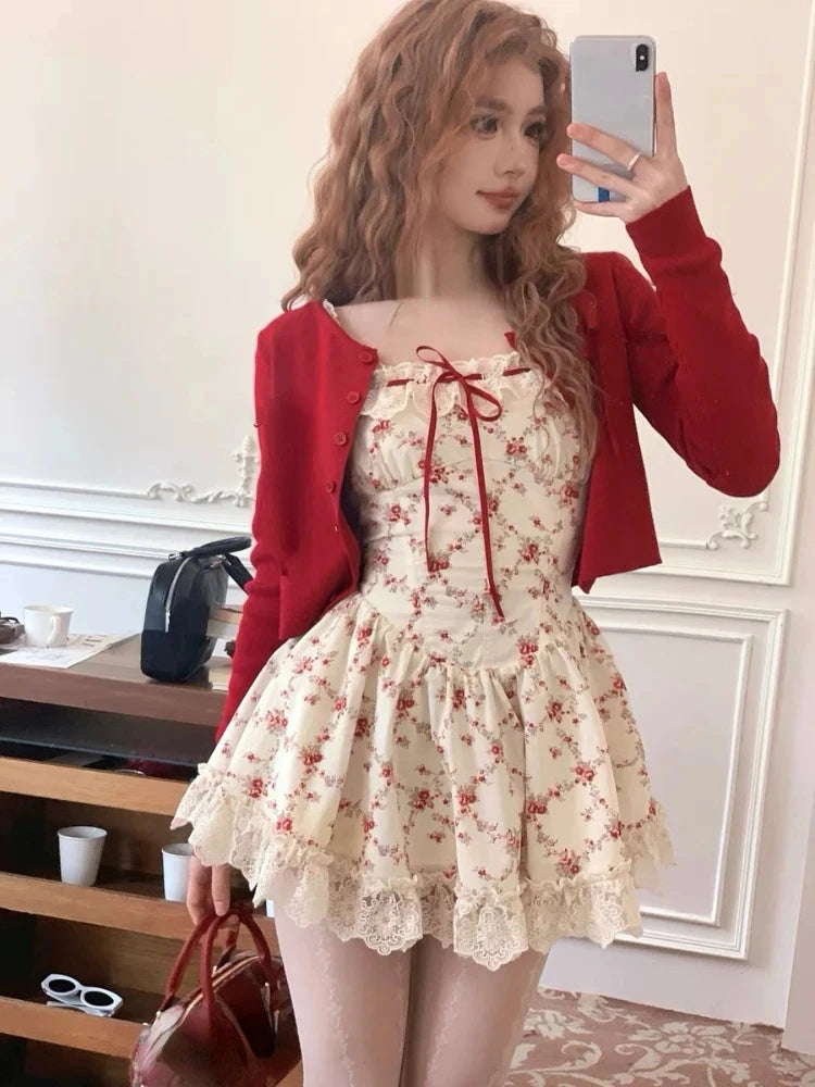 Momsey 2024 New Sweet Floral Dress Set Woman Casual Red Short Cardigan Elegant Lace Y2k Mini Dress Beach Korean Fashion Clothing Suit