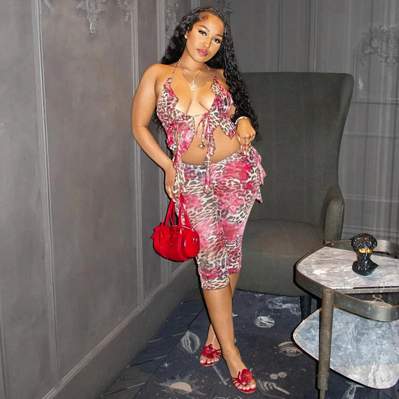 Maxy Sister Star Women's Fashion Floral Leopard Print Hanging Neck Ruffle Top Five Points Shorts Set Nightclub Party Two Piece Set