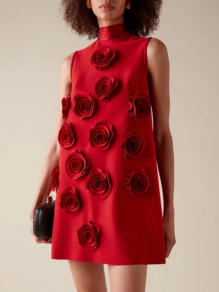 VC High Neck Appliques Flower Mini Loose Rose Dress Red Sleeveless Structure Floral A Line Evening Party Celebrity Gowns