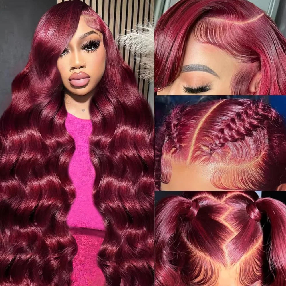 99j Burgundy 46 Inch Body Wave Human Hair Wig 13x6 HD Lace Frontal 220 Density Pre Plucked Human Hair Adjustable Breathable Wig