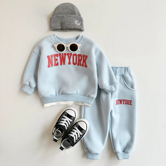 Maxy 2Pcs Baby Clothing Set Boys Girls New York Print Sports Top Pants Suit Sweatshirt Winter Toddler Outfit Thick Newborn Clothes